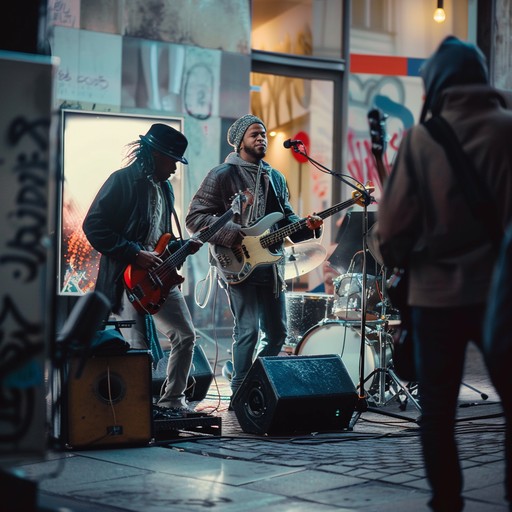 A pulsating mix of urban and funk rock, this track is characterized by its energetic guitar riffs and groovy basslines, perfect for a lively cityscape setting.