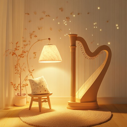 Create a soft, enchanting nursery rhyme that takes children on a whimsical journey, with gentle harp strings crafting a peaceful and calming sound perfect for bedtime.