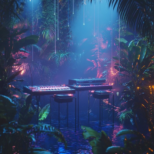 A high energy instrumental track blending pulsating electronic beats with vibrant traditional jungle percussion, creating an infectious dance atmosphere that transports listeners to a futuristic rainforest rave.