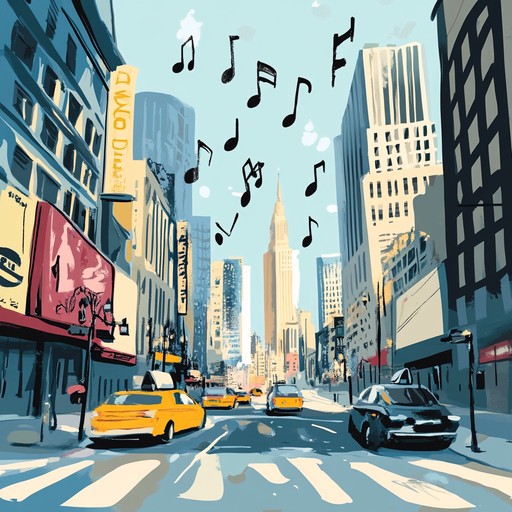 This upbeat instrumental piece paints a vivid picture of the bustling energy and whimsical charm of a broadway street, using bright melodies and syncopated rhythms to evoke the feeling of a playful city stroll.