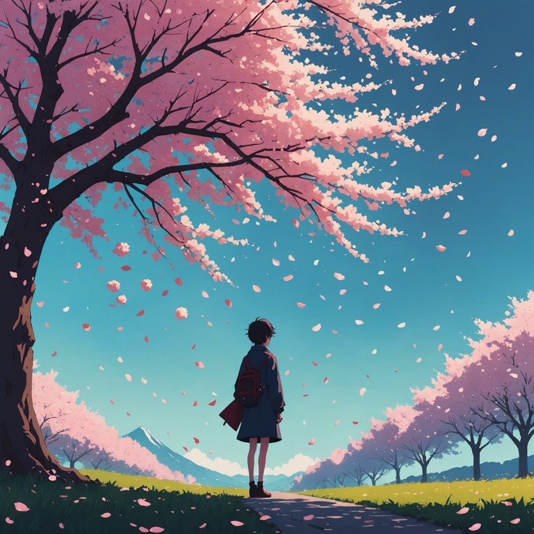 A composition that combines layered, swirling soundscapes with ethereal tones, designed to evoke the dreamlike world of an animated japanese garden during cherry blossom season. The music integrates traditional japanese instruments with psychedelic twists to create a piece that feels both nostalgic and otherworldly.