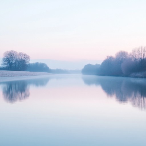 This alternative version emphasizes the calming effect of water sounds paired with light, airy musical harmonies to transport the listener to a tranquil riverbank at dawn.