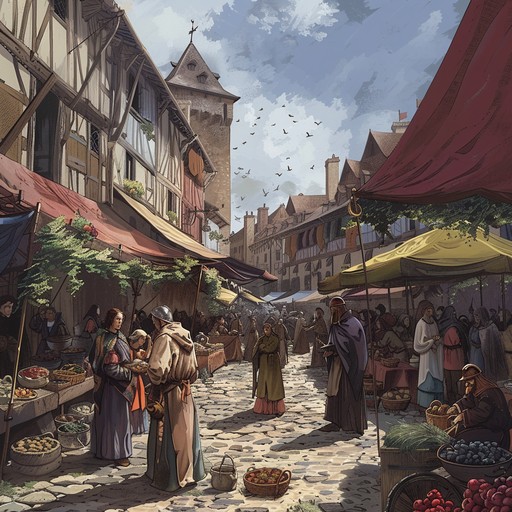 An instrumental track capturing the essence of a bustling medieval market. The lively lute melodies intertwine with rhythmic patterns to emulate the vibrancy of troubadours entertaining the crowd. Ideal for creating a festive, carefree atmosphere.