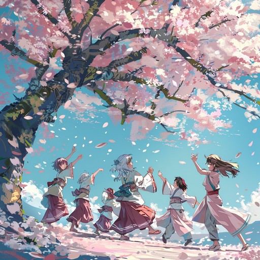 A high energy, upbeat track capturing the festive spirit of anime cherry blossom festivals with lively rhythms and vibrant melodies blending traditional japanese instruments with modern beats.