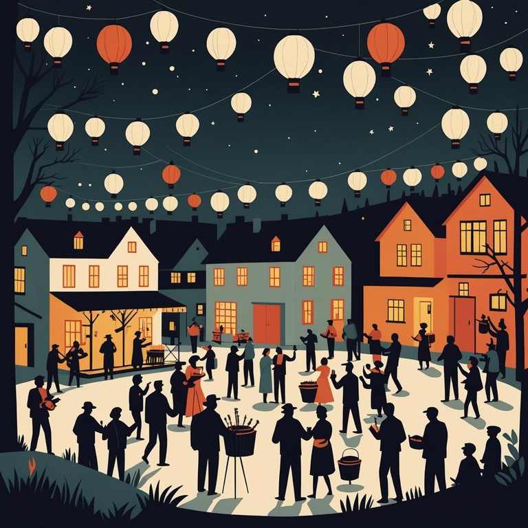 A traditional village square festively adorned with lanterns and bunting, while energetic dancers whirl to the accordion's rhythmic beat, embodying the joy and community spirit of an age old cultural celebration.