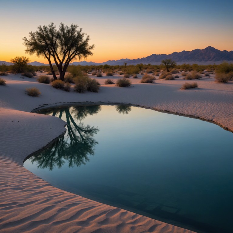 An evocative musical journey anchored in the heart of the middle east, reflecting the profound beauty and stillness of desert oases at dusk, beckoning the listener into a world of deep reflection and peace.