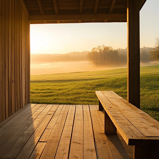 A soothing composition capturing the essence of a lazy summer afternoon on a countryside porch, where the gentle strumming of a guitar accompanies the sounds of nature. The piece evokes imagery of wide open fields, blooming wildflowers, and the tranquil life of rural america.