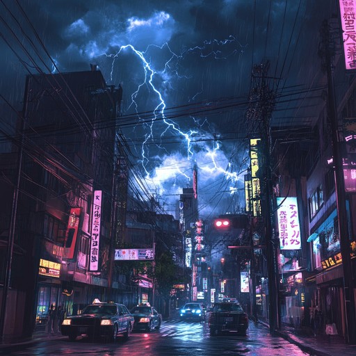 This instrumental track unleashes a storm of intense j pop energy, with powerful electric guitar riffs, booming percussion, and frantic synth lines, creating an auditory representation of a chaotic neon glow nightscape, perfectly capturing the sound of urban fury.