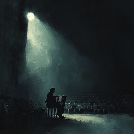 An instrumental piece that evokes a sense of suspense and mystery within a dark cabaret setting. The haunting accordion leads the melody, accompanied by subtle percussions and eerie harmonies. The music conjures images of dimly lit stages and hidden secrets, inviting the listener into a world of shadow and intrigue.