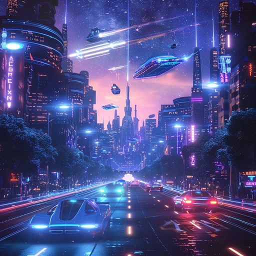 An evocative composition blending ethereal synths and pulsating beats, capturing the essence of a neon lit cityscape in a futuristic world. The track evolves with waves of ambient textures, transporting listeners to shimmering digital realms of hope and contemplation.