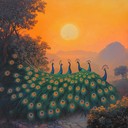 a cheerful hindustani instrumental capturing peacocks' playful dawn dance.