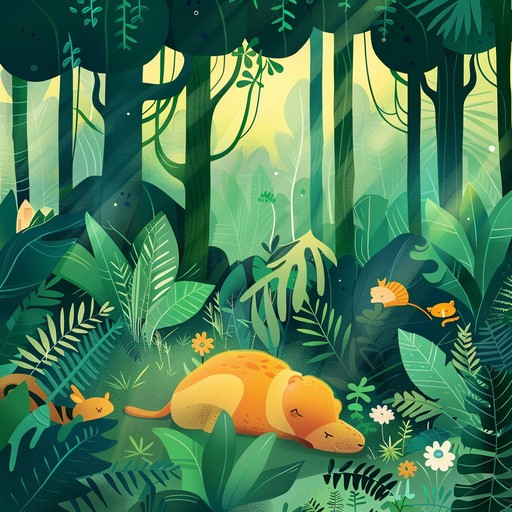 A soothing instrumental lullaby set against the backdrop of an exotic jungle, featuring gentle melodies that mimic the calls of tropical birds and rustling leaves. The track uses soft percussion and mellow, nuanced tones to create a peaceful, dreamlike environment, making it a perfect nighttime tune for young children.