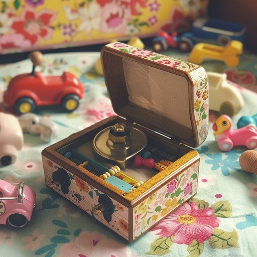 Create a whimsical toy music soundscape where glittering melodies interweave with heartwarming, playful tunes. Incorporate a music box's gentle chimes that evoke stories of childhood wonder and innocent joy, creating a cozy auditory experience.