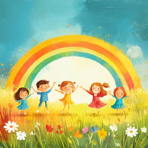 A lively and uplifting instrumental song featuring playful melodies that evoke the happiness of children dancing under vibrant rainbow skies after a light rain.