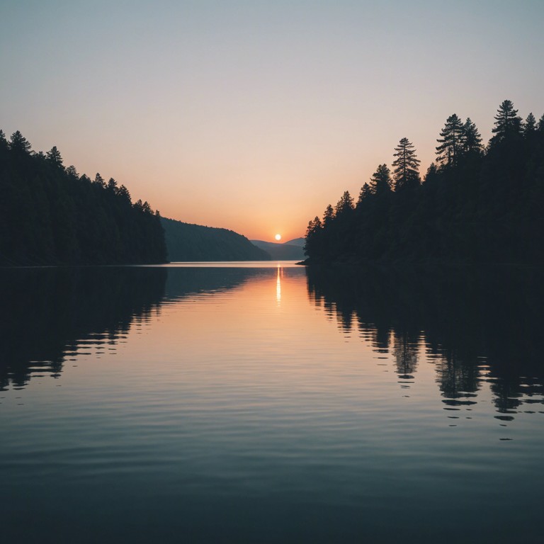 The same scene of a sun setting, now with the added ripple of water reflecting the beautiful sky, enhancing the feeling of tranquility.