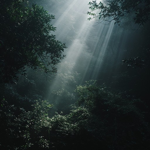 A relaxed exploration of a shadowy forest, where dim light filters through dense foliage, casting haunting yet soothing shapes. The music fuses dark ambient soundscapes with elements of the natural world, producing a deceptively serene and mysterious atmosphere. Gentle drones and eerie synth pads paint an enigmatic, shadowy journey filled with peaceful solitude and hidden secrets.