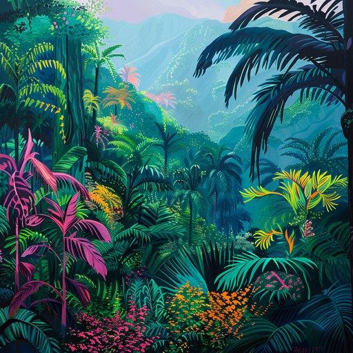 Dive into a lush soundscape where afro cuban rhythms intertwine with tropical instruments, creating an enigmatic and mystical ambience that transports listeners to a vibrant jungle. Hypnotic drum patterns and rich percussive textures enhance the mood.