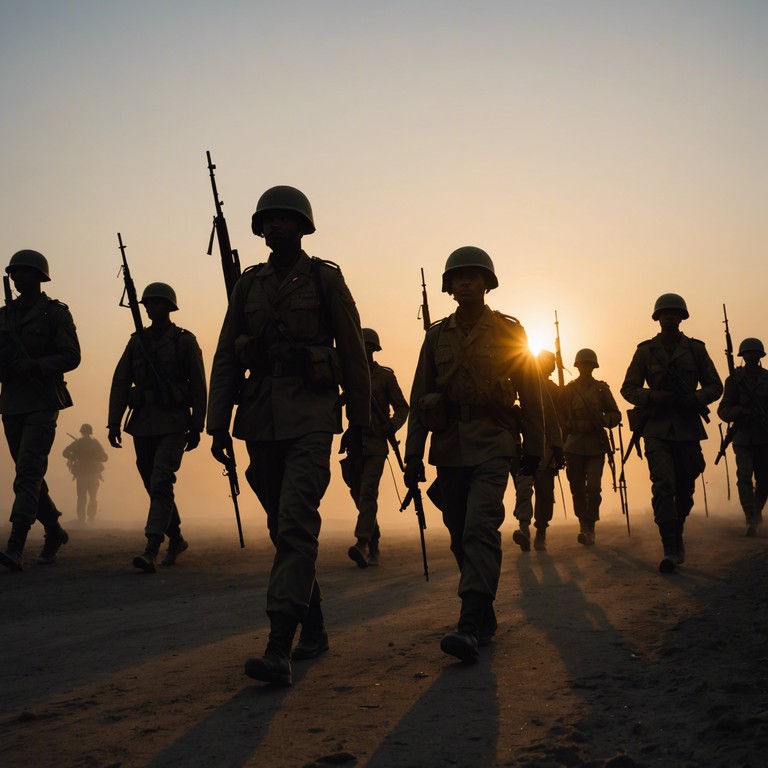A vibrant composition evoking the powerful, synchronized steps of soldiers at dawn. The song embodies the essence of military precision mixed with the serene beauty of the morning light. The piece uses the stirring sounds of a military drum to guide the rhythm, enhancing the feeling of marching through an awakening landscape. A vibrant composition evoking the powerful, synchronized steps of soldiers at dawn. The song embodies the essence of military precision mixed with the serene beauty of the morning light. The piece uses the stirring sounds of a military drum to guide the rhythm, enhancing the feeling of marching through an awakening landscape.