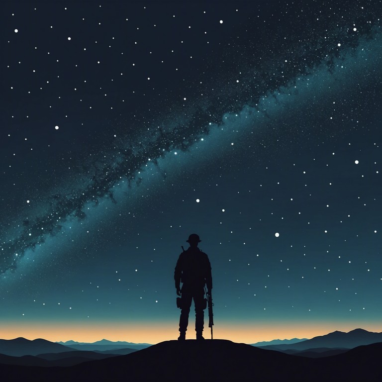 This track captures the solitude and introspective silence of a soldier standing alone under the night sky, contemplating the complexities of duty, during an unsettled quiet on the battlefield. The music combines a haunting melody with the natural sounds of the isolated environment, creating a poignant reflection on the personal cost of war.