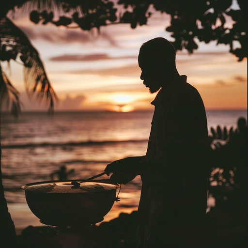 Construct a captivating instrumental featuring calypso's rhythmic essence, highlighting hypnotic steelpan melodies, capturing the serene energy of a tropical beach during sunset, ideal for summer relaxation and upliftment.