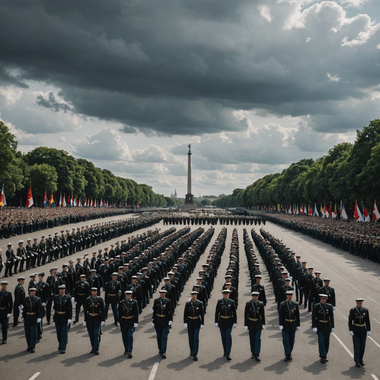 This orchestral composition evokes the proud and dignified spirit of a military parade, featuring a grand and forceful presentation that encapsulates the essence of valor and heroism. Majestic horns lead the charge, underpinned by a compelling percussive rhythm, creating a piece that resonates with the heartbeat of a soldier. The music sweeps through dynamic crescendos, symbolizing the ups and downs of a military campaign.