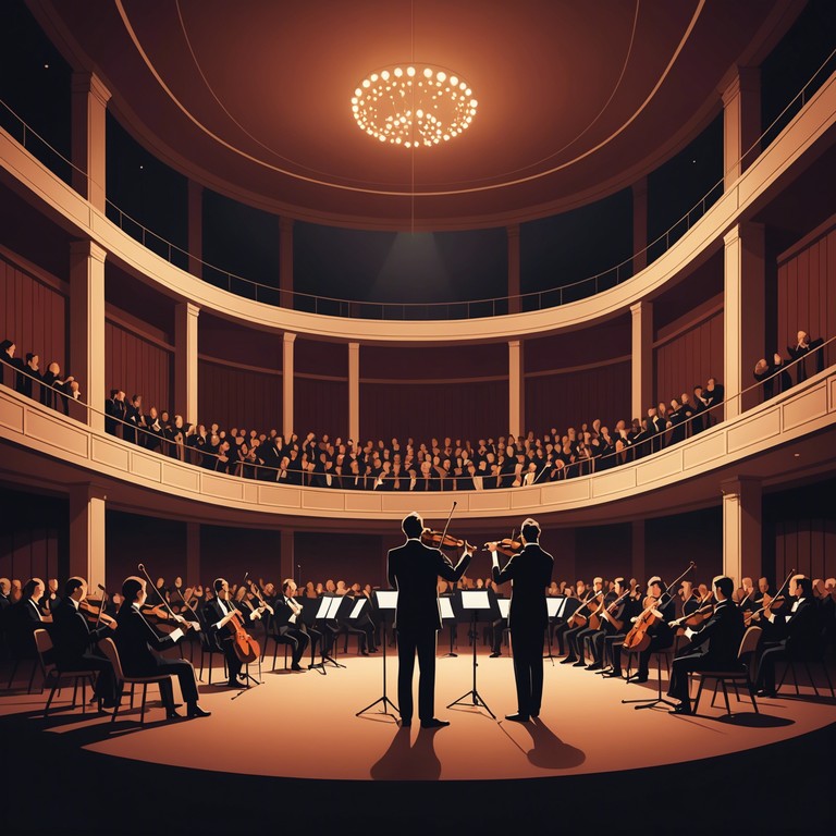 This composition embodies a rich, symphonic texture with a sophisticated interplay between light and shadow, drawing listeners into a realm of elegance underpinned by a subtle air of mystery. The piece begins softly with a whispering violin that slowly builds into a full orchestral crescendo, creating an audio journey that feels both intimate and expansive.
