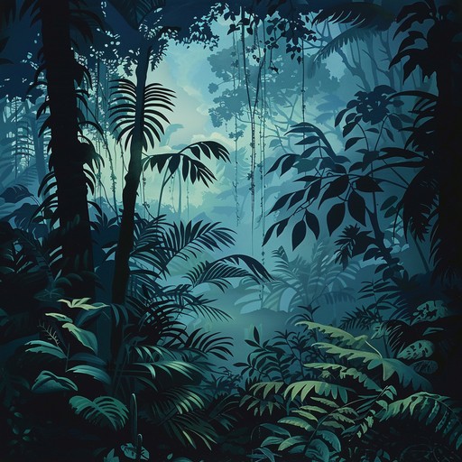 A sinister melody unfolds under the canopy of a tropical rainforest, juxtaposing traditional island percussion with haunting, eerie synths. The rhythm is driven by the deep resonance of conga drums, shrouded in dark, menacing ambiance that emanates suspense and mystery. Echoing bird calls and unsettling whispers add layers of intrigue, creating an unsettling yet hypnotic journey through a shadowy paradise.