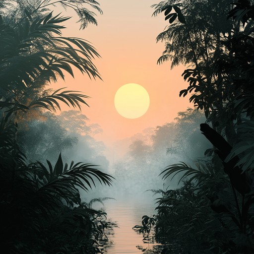 Smooth and serene tribal and nature inspired music, blending gentle djembe rhythms with ambient jungle soundscapes for a relaxing, meditative mood at sunset.