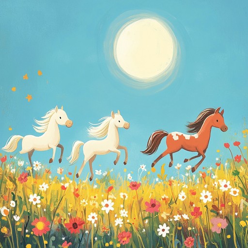 A lively and whimsical orchestral composition capturing the joyous energy of playful ponies frolicking across lush meadows under a bright sunrise. The music uses bright melodies and dynamic rhythms to evoke delight and wonder, building to a climactic celebration of nature's beauty.