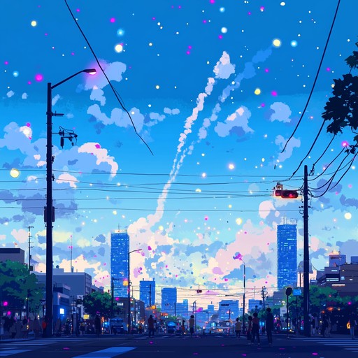 A lively and cheerful instrumental j pop track that evokes the feeling of strolling under glittering summer skies, with bright synths, catchy melodies, and a breezy rhythm that brings joy and carefree vibes.