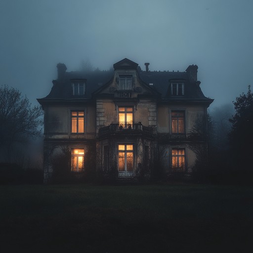 An eerie instrumental track featuring ghostly synthesizers and chilling ambient sounds that mimic the unsettling atmosphere of a haunted, decrepit mansion at night