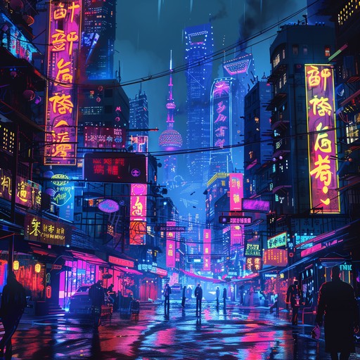 Immerse yourself in the futuristic cityscape where neon lights and gritty back alleys create the setting for a high energy journey through sound, combining synthetic melodies with a rebellious edge.