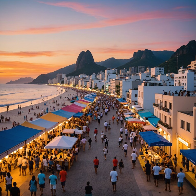 Feel the gentle breeze of a rio de janeiro beach as the sunset casts a golden hue, with the lively sounds of bossa nova enhancing the serene yet festive atmosphere. Perfect for a moment of relaxation or gentle celebration.