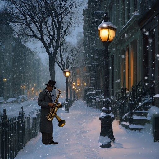 An evocative piece blending classic jazz with the cheerful spirit of christmas in harlem during the 1950s, capturing a magical snowy evening filled with the sound of saxophones and the sight of lights glistening on wet cobblestones.