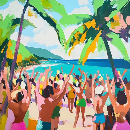 An energetic reggae track filled with vibrant steel drums, buoyant bass lines, and joyful guitar rhythms, capturing the essence of a sunny, tropical beach party.