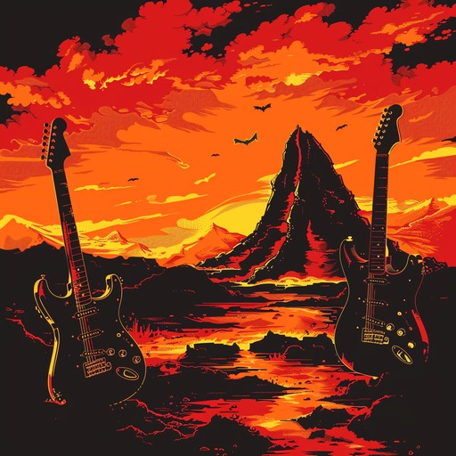 Step into a pulsating volcanic realm with raw thrash metal energy, featuring intense guitar shredding, explosive drums, and feverish bass lines.