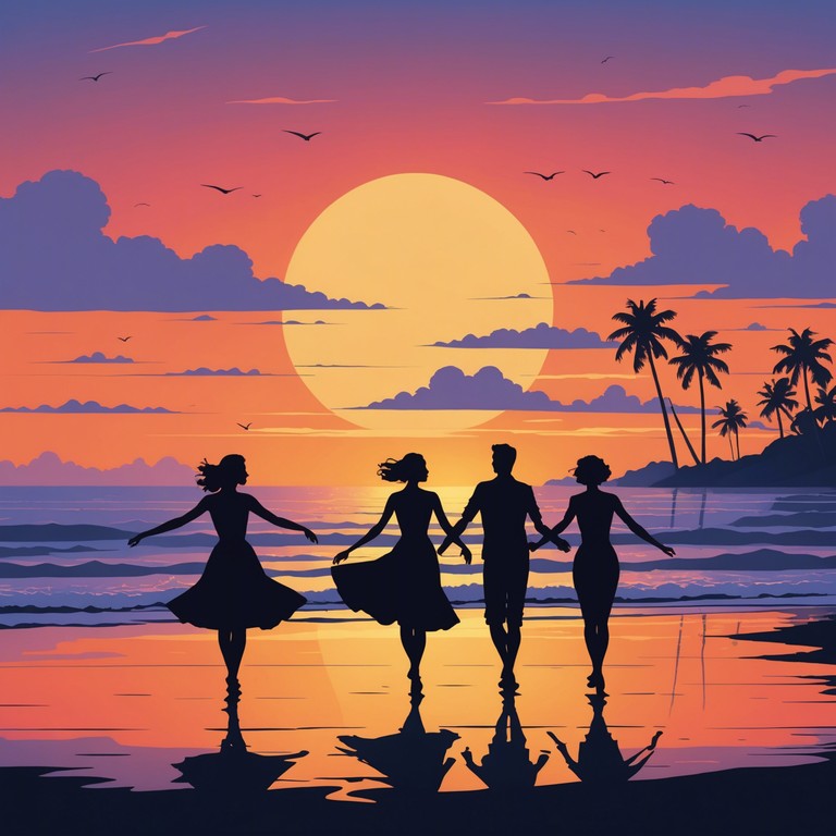 As the sun dips below the horizon, shadows stretch across the sand, and a lively mambo rhythm takes over, matching the playful mood of dancers celebrating the twilight. A trumpet's melodious tunes call out, inviting everyone to partake in the joy and energy of the evening.