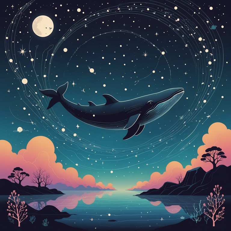 Let your imagination soar to the sounds of celestial whales swimming through the cosmic ocean, punctuated by deep, resonant synth undertones that guide their mystical journey. Aimed at creating a surreal auditory experience, this piece evokes a sense of infinite space and wondrous exploration.