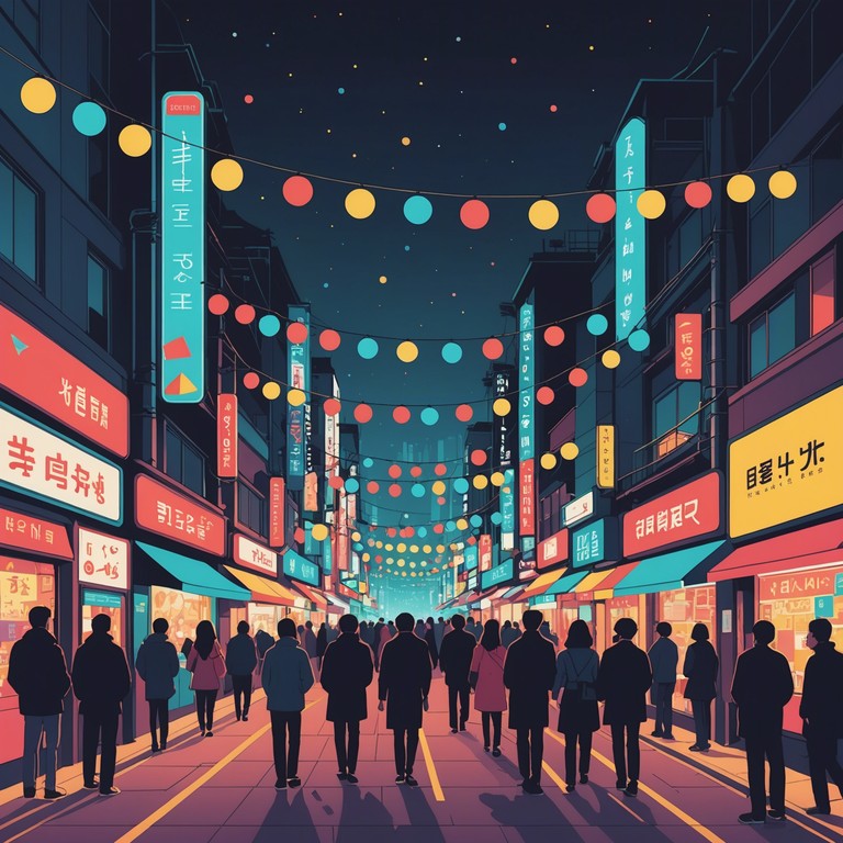 A vibrant instrumental track that encapsulates the celebratory spirit of a seoul street festival, featuring dynamic electronic beats and an uplifting melody that mirrors the energy of dancing crowds and colorful lights. This song uses exotic synths and traditional korean percussion to create a festive atmosphere that's both modern and deeply rooted in korean culture.