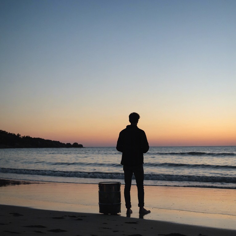 This instrumental track contrasts the vibrant, danceable rhythms of calypso with the somber, reflective tones of steel drum melodies, manifesting an emotional exploration of heartache in a tropical setting. It's a musical depiction of standing on the beach, reminiscing about lost love under the setting sun, with waves gently crashing as a metaphor for ongoing sorrow.