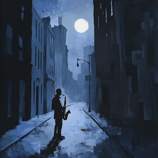 A slow, soulful jazz piece set in a quiet night, hewn from a longing saxophone's melodies and gentle piano chords, echoing through empty city streets under moonlight, embodying solitude and nostalgia