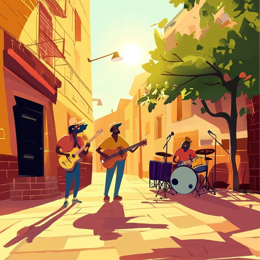 A lively and upbeat instrumental blues song featuring energetic guitar riffs and a swinging rhythm that conveys happiness and positivity. The music invites listeners to enjoy the moment, tapping into feelings of joy and optimism, reminiscent of a sunny stroll through lively streets filled with good vibes.