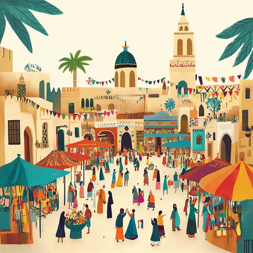 A lively instrumental piece capturing the vibrant atmosphere of a middle eastern bazaar during a festive festival. Traditional melodies blend with modern rhythms to evoke joy and communal celebration, transporting listeners to a sun drenched market filled with colorful sights and sounds.