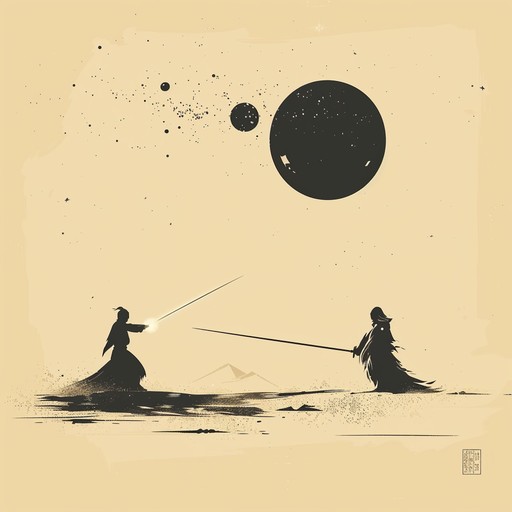 A powerful and dramatic instrumental combining interstellar synths with traditional desert acoustic sounds. Envision an intense duel between a lone cowboy and an otherworldly being under a star filled sky, where every note heightens the suspense, merging cosmic themes with earthy rhythms and soaring melodies.