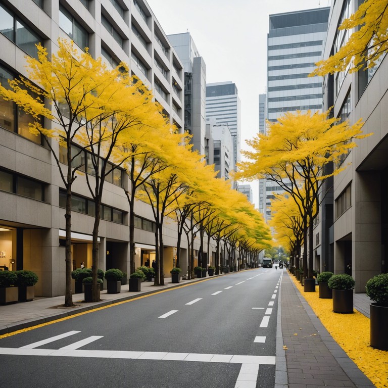 Expanding on the concept of harmony between urban life and nature, this alternative version accentuates the soothing aspects of jazz elements intertwined with sounds typically found in a serene japanese garden during fall, providing a calming yet uplifting sound journey.