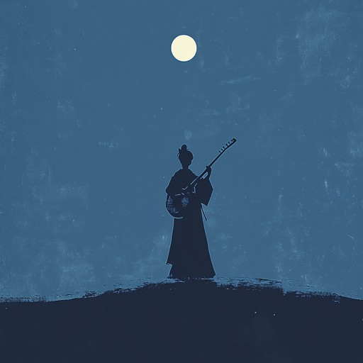 A solitary shamisen player plucks deep, reverberating tones under a silver crescent moon, evoking the spirit of ancient japan. The stillness of the night amplifies the haunting beauty of the music, capturing the essence of edo's twilight wrapped in a blanket of stars.