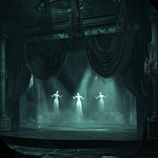 Sinister tones envelop a plush, velvet clad underworld; an accordion leads a ghostly waltz through forgotten tales and whispers of haunting melodies, echoing in a grand yet foreboding cabaret hall.