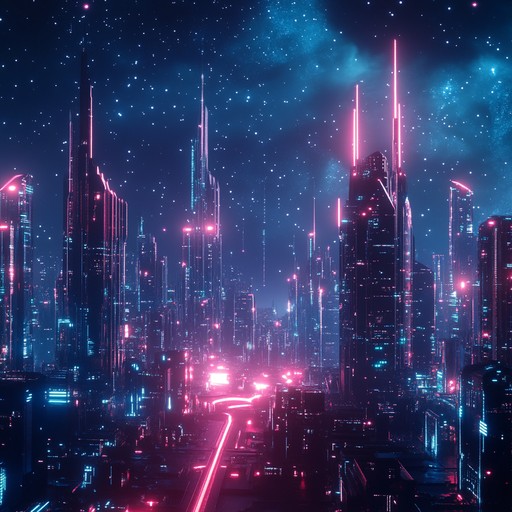 An urban r&b track characterized by futuristic digital vibes, accentuated with smooth synth melodies and rhythmic grooves, creating an atmospheric soundscape of a cosmic city at night.