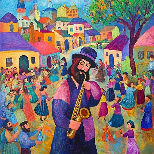 An energetic instrumental piece that evokes the festive spirit of a jewish village gathering, filled with cheerful melodies and lively rhythms.