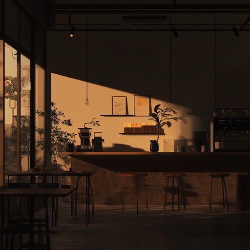 Recreate the serene ambiance of a quaint café during sunset, with mellow piano melodies enveloped by the soft murmur of patrons and the occasional clink of tableware.